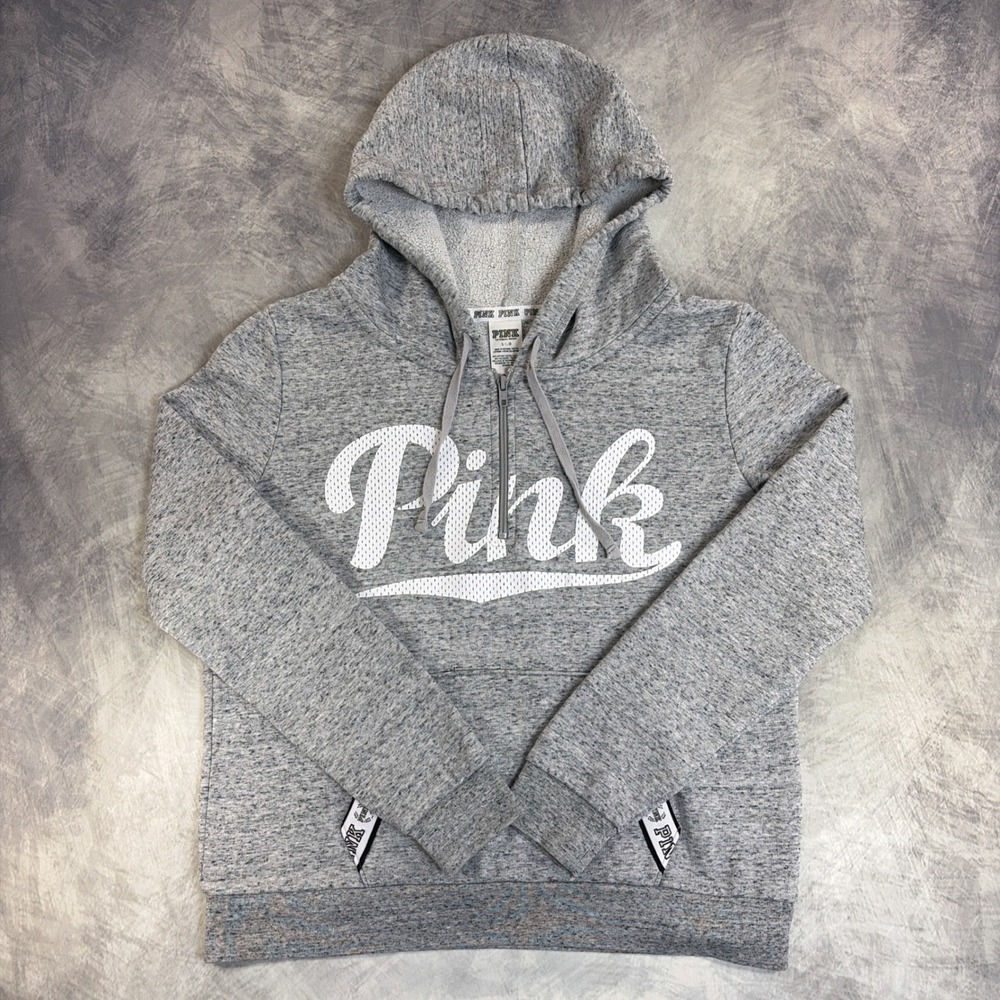 Pink Victoria's Secret Hoodie Womens Large Gray Quarter Zip Mesh Logo Pullover